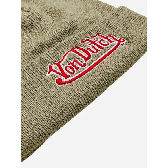 Von Dutch Embroidered Taupe Khaki Skull Beanie - Picture 4 of 6